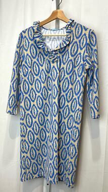 J. MCLAUGHLIN Size L Durham Ruffle Dress Hilo Tapestry Geo Ikat Print Blue Beige